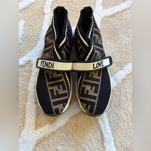 Fendi Black & Brown FF Logo Knit Strap Sneakers